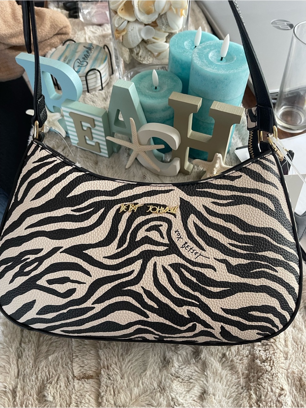 NWT Betsey Johnson "XOREESE" Zebra Print Shoulder Bag with Dirty Martini Charm